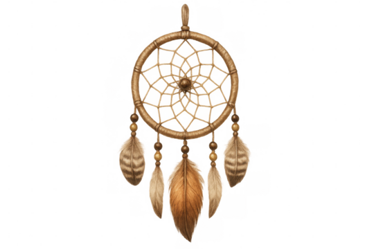 Hand-drawn illustration of a dreamcatcher with feathers and beads, isolated on transparent background - Powered by Adobe