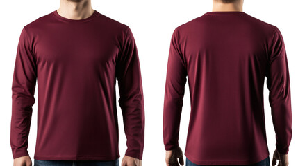 Presenting a maroon long sleeve t shirt with a modern fit from both the front and back view, perfect for apparel designs, transparent background