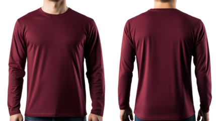 Presenting a maroon long sleeve t shirt with a modern fit from both the front and back view, perfect for apparel designs, transparent background
