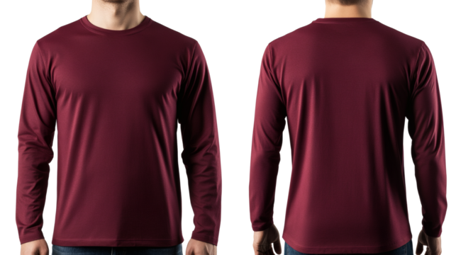 Presenting a maroon long sleeve t shirt with a modern fit from both the front and back view, perfect for apparel designs, transparent background