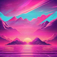 Gordijnen A vibrant retro vaporwave landscape with neon pink and purple tones, featuring a stylized sunset behind low-poly mountains. © hanna