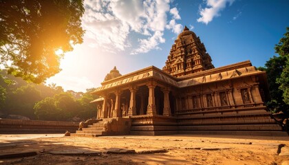 Fototapeta premium Majestic temple situated in a park captured from a worms eye angle with natural surroundings