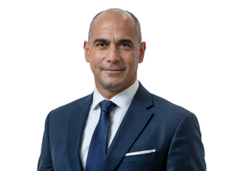 A portrait of a confident businessman in a blue suit is isolated on transparent background, conveying professionalism and success