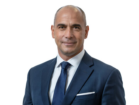 A portrait of a confident businessman in a blue suit is isolated on transparent background, conveying professionalism and success
