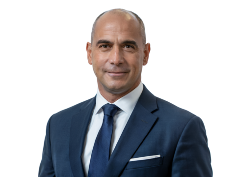 A portrait of a confident businessman in a blue suit is isolated on transparent background, conveying professionalism and success