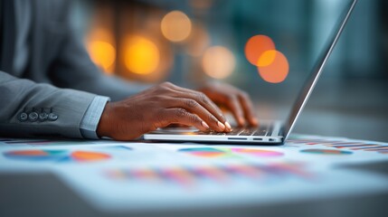 Business professional working on a modern laptop with strategic documents, focused and productive in a minimalist office setting.