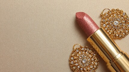 Glittering Rose Gold Lipstick And Jewelry