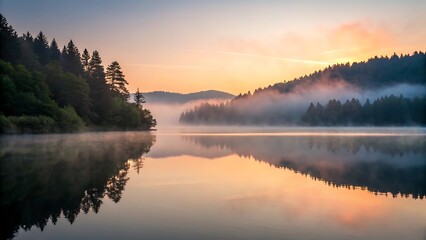 Fototapeta premium Misty mountain lake at sunrise with perfect reflection and orange sky