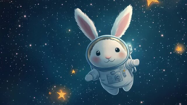Cartoon Rabbit Astronaut Floating Among Stars in Dark Space with Golden Star Accents