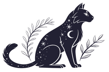 Mystic Cat Silhouette Isolated on White