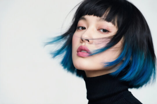 Stylish Asian Woman with Edgy Blue Bob Haircut Fashion Portrait