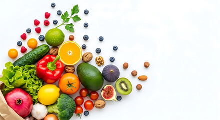 Vibrant Fruits and Vegetables: A colorful array of fresh fruits and vegetables spills from a brown paper bag onto a white background, creating a vibrant and healthy composition.