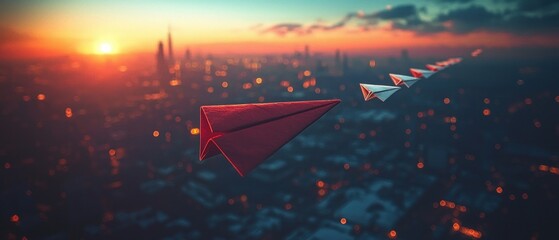 Sunrise cityscape with paper airplanes, one red leading, others white, flying towards horizon