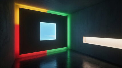 Abstract Modern Interior with Colorful Geometric Neon Lights