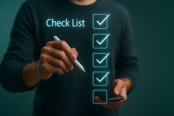 A person is shown interacting with a digital checklist, using a stylus to mark off completed tasks on a virtual interface. The glowing 'Check List' title and checkmark boxes are prominently displayed 