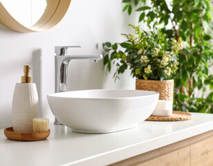Fototapeta premium Modern bathroom design features stylish vessel sink on light countertop, complemented by sleek faucet and decorative plants, creating serene and inviting atmosphere