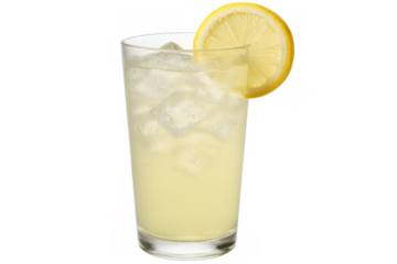 Glass of lemonade with ice cubes and lemon slice, refreshing summer beverage isolated on transparent background