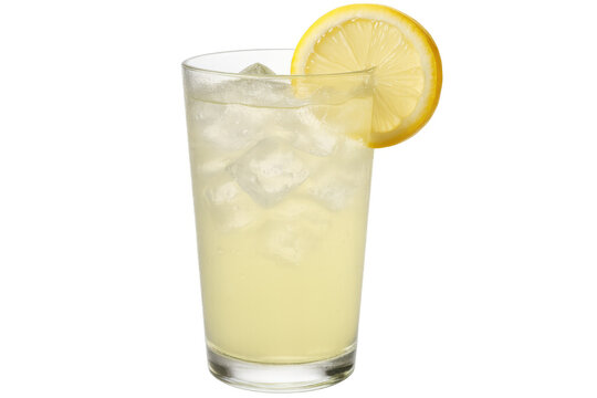 Glass of lemonade with ice cubes and lemon slice, refreshing summer beverage isolated on transparent background