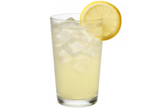 Glass of lemonade with ice cubes and lemon slice, refreshing summer beverage isolated on transparent background