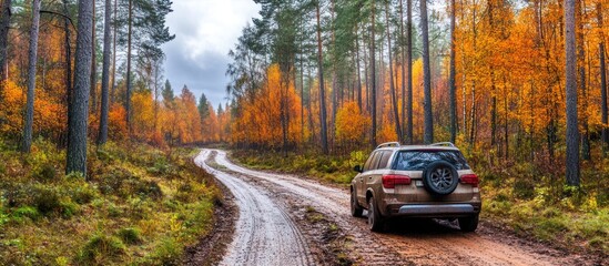 Adventurous suv journey amidst the autumn forest, embracing the tranquility