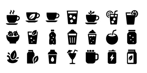 Beverages and smoothies glyph icon set. Vector pictograms of protein, shake, detox, kombucha, sparkling water bottle, takeaway, almond milk, black sign silhouette illustration.