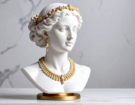 Stunning white marble bust sculpture of woman adorned with elegant gold and pearl accents, showcasing intricate details and graceful expression. This piece embodies timeless beauty