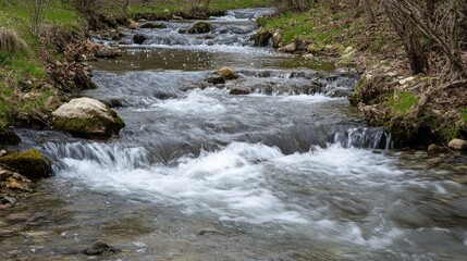 Fototapeta premium Serene creek cascading over mossy stones, creating a tranquil scene