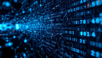 High-tech data background with glowing blue lines, binary code, and depth of field effect"