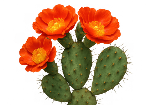 Prickly pear cactus with vivid orange flowers, detailed close-up against transparent backdrop