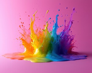 Vibrant rainbow paint splashes against a pink background