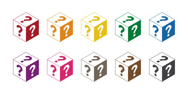 Colorful mystery boxes icon. Question mark cube, Secret prize, and Unknown gift symbol