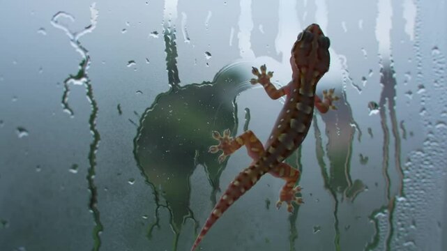 Gecko Clinging to Glass in Rainy Weather