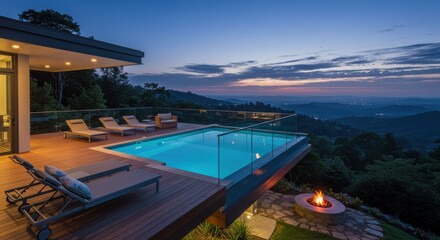 Fototapeta premium Modern house infinity pool valley sunset view