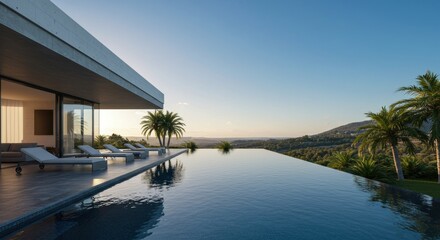 Obraz premium Modern house with infinity pool and tropical view