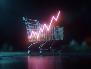 shopping cart with glowing neon price trend line symbolizes market fluctuations and consumer behavior. This vibrant image captures essence of modern retail dynamics