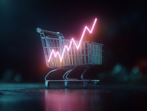 shopping cart with glowing neon price trend line symbolizes market fluctuations and consumer behavior. This vibrant image captures essence of modern retail dynamics