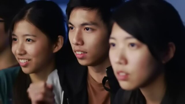 Group of young adults focused on a computer screen in a dimly lit room during a gaming session
