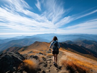 Walking towards the mountain: A solo female hiker ventures confidently along a winding path towards majestic mountain peaks, embracing the panoramic landscape. Generative ai illustration.