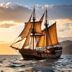 Majestic tall ship sailing through ocean waters in tribal tattoo style with brown hues