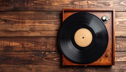 Antique old vinyl record on wooden background in vintage poster style with goldenrod shades art