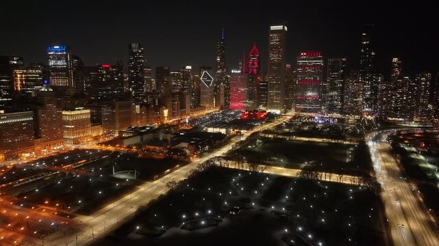 Downtown Chicago In Chicago Illinois United States. Bustling Downtown Cityscape With Modern Buildings. Night Expressway Downtown Cityscape. Night Outdoor Downtown Building Cities Of The World.