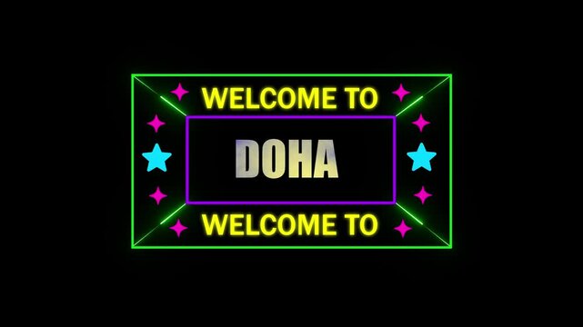 Welcome to DOHA animation.hit effect on a black screen transparent background Alpha channel.