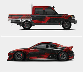 Red and Black Graphic Wraps for Pickup Truck and Sports Car