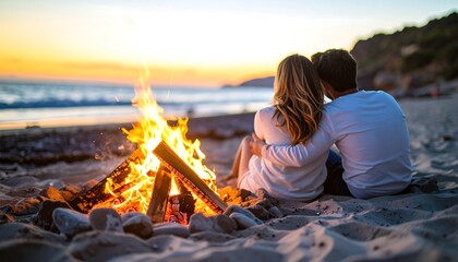 Couple by bonfire on beach at sunset