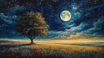 Serene nocturnal landscape featuring a solitary tree under a starry moonlit sky