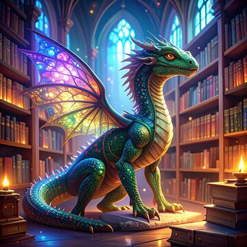 Mysterious dragon wandering through a magical library surrounded by glimmering bookshelves
