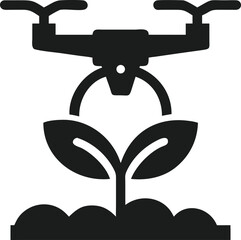 Black silhouette of drone farming technology with plant sprout for agricultural innovation