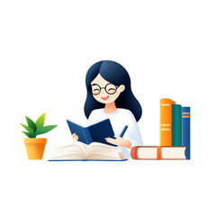 Student happily reading a book at a study desk