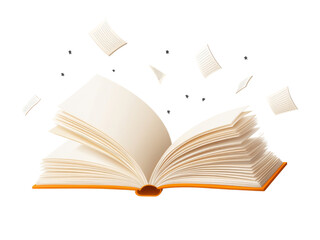 Open book with floating pages and stars