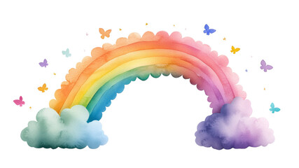 Whimsical watercolor rainbow with butterflies and clouds